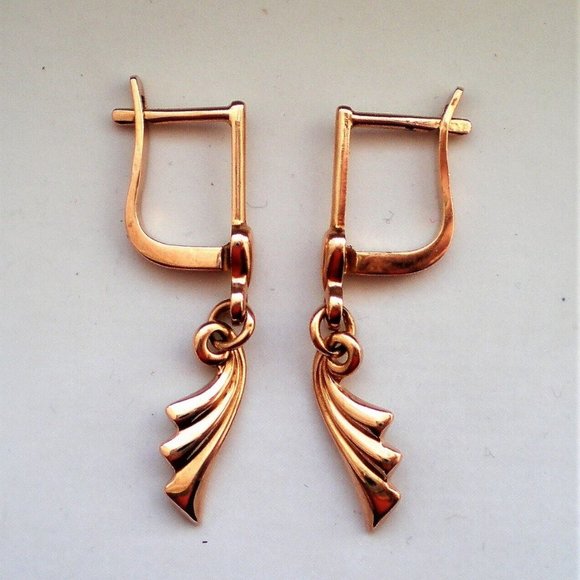 Vintage Russian Soviet USSR Solid 14K 583 Rose Pink Gold Dangle Drop EARRINGS - Picture 2 of 5